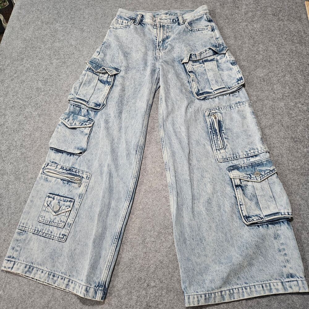GAP Baggy Cargo Wide Leg Jeans Light Acid Wash Multi Pocket Womens Size 24P 00P